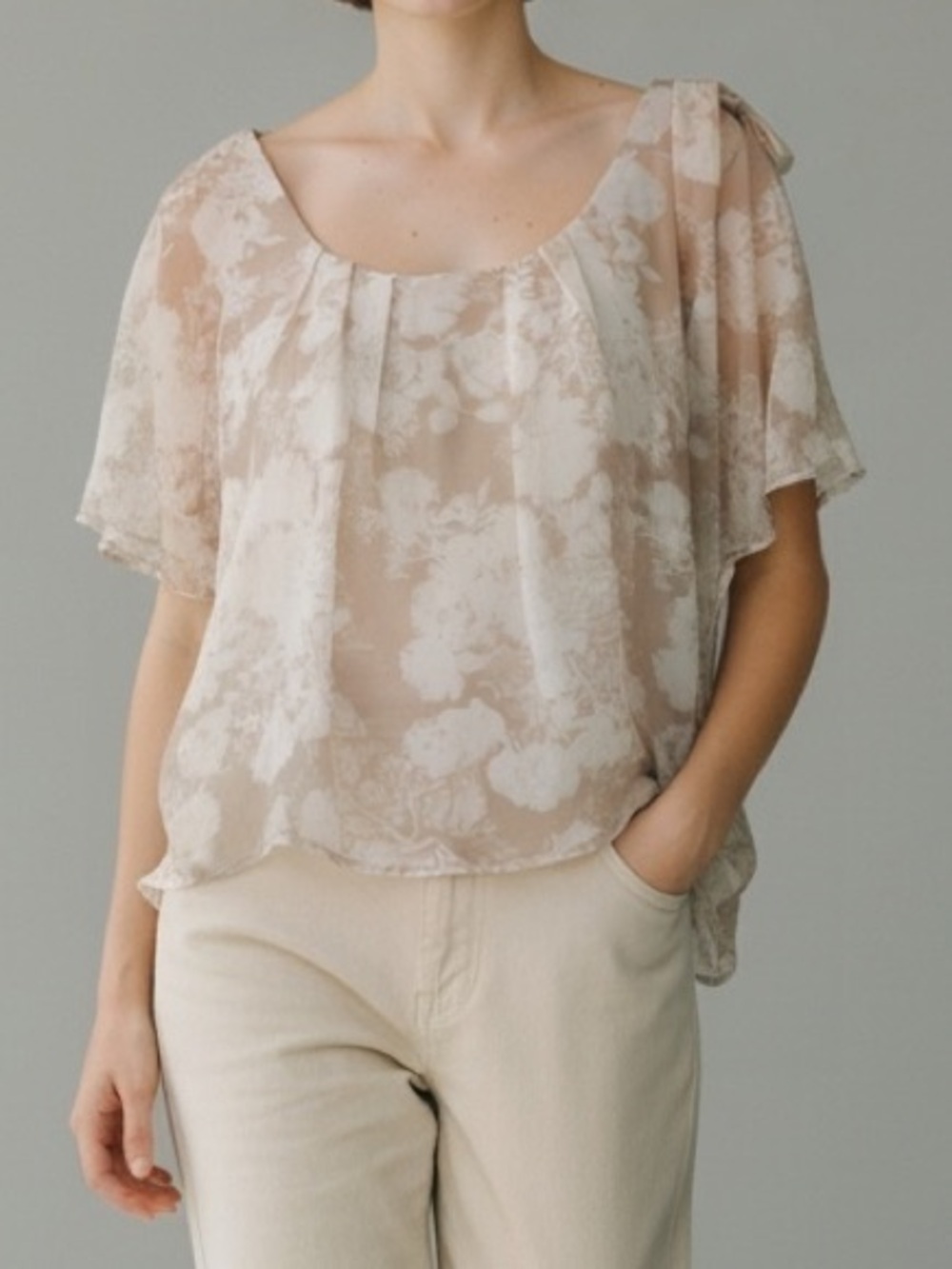 Floral Blouse Top Beige Ivory Sheer Romantic Cottage-core  Vintage inspired XS